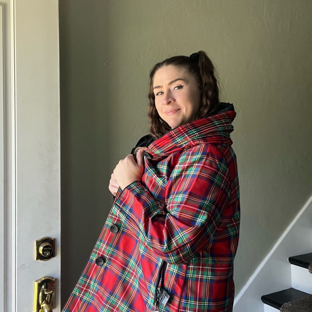 NWT Oopera Reversible XL Raincoat red black plaid j2315rw-1 Button Up Hooded